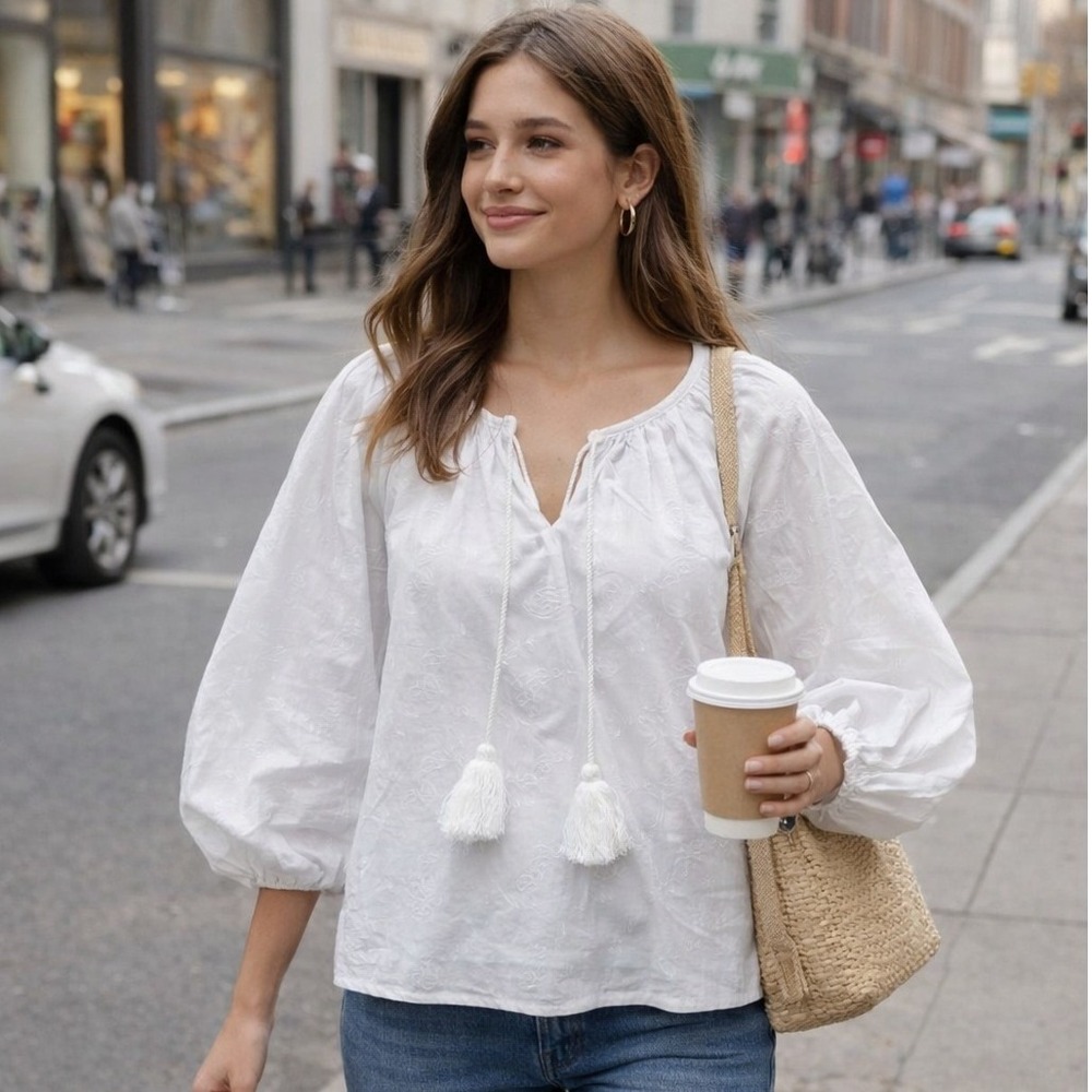 J.Crew Floral Embroidered‎ Tassel Bohemian Peasant Top Balloon Sleeve White M